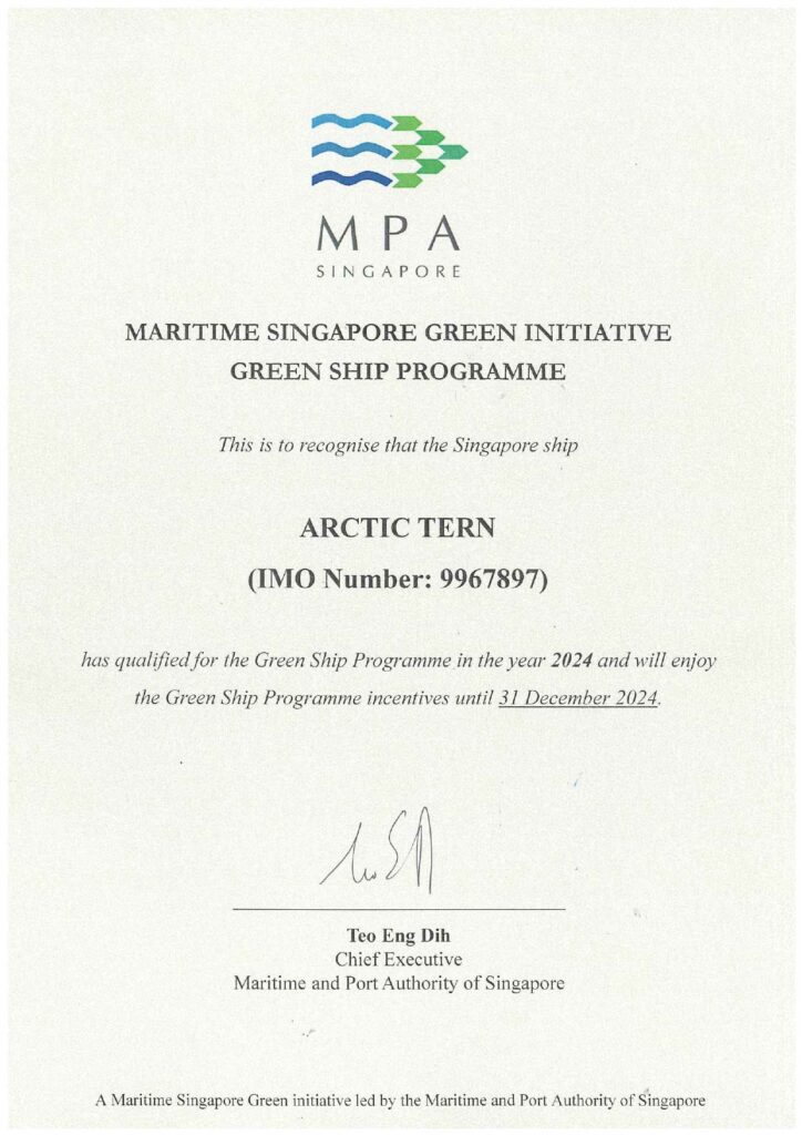 Arctic Tern's Certificate for the Green Ship Status under MPA Singapore