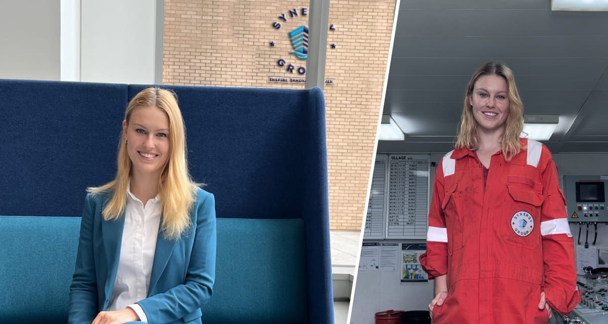 Eva Bergant of Synergy Marine Group in office attire and safety overalls, reflecting her ship management career journey.