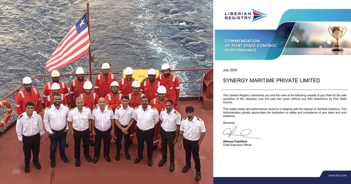 Crew members of a Synergy-managed vessel standing on deck with the Liberian flag, shown alongside the Liberian Registry&rsquo;s Port State Control performance commendation certificate issued in July 2025.