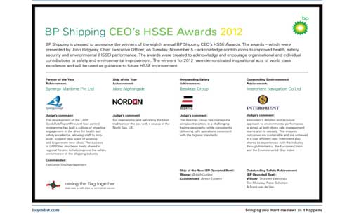 BP Shipping CEO’s HSSE Awards for Partner of the Year